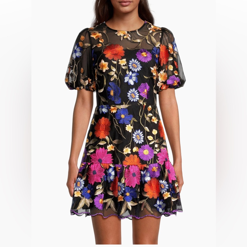 Milly NWT Yasmin Embroidered Floral Appliqué Puff Sleeve Mini Dress Size 10